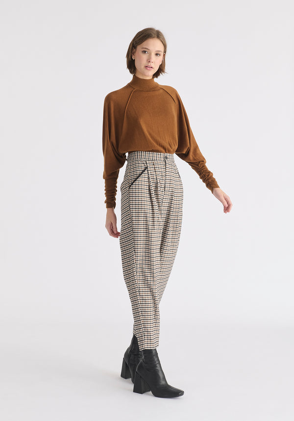 Mock Neck Batwing Jumper with Ruched Cuffs in Brown